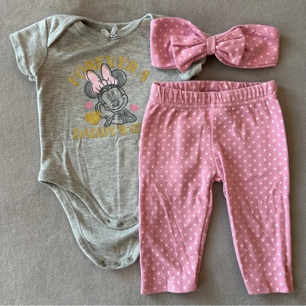EUC Disney Baby Girl 3pc Outfit Set: Pink Polka Dot Minnie Mouse, 3-6 Months